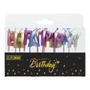 Набір свічок "HAPPY BIRTHDAY" -13 шт, у вигляді англ.букв колір асорті металік (2,8 х2, 2х0, 8 см) з дерев'яним тримачем
