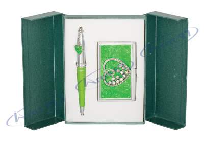  Набір подарунковий "Crystal Heart": кулькова ручка + візитниця, зелений
