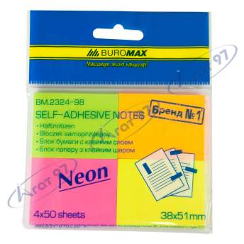 Блок паперу для нотаток NEON, 38х51 мм, 4 кол. по 50 арк.