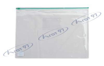 Папка - конверт, на блискавці zip-lock, А4, глянцевий прозорий пластик, зелена блискавка