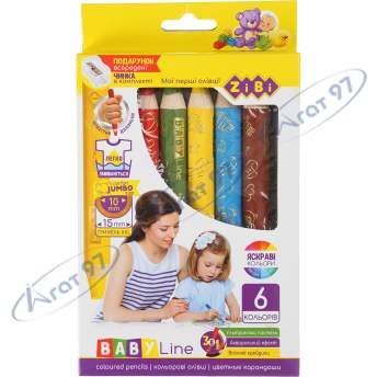 Карандаши цветные "3 в 1" mini SUPER JUMBO с точилкой, 6 цветов, BABY Line