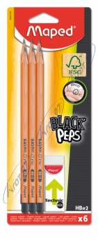 Набор карандашей графитовых BLACK PEPS HB, с ластиком в наборе, блистер (6 шт.)