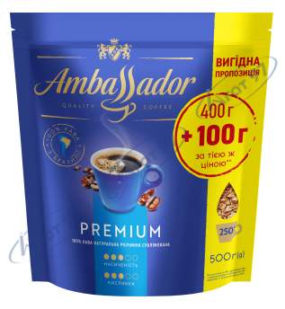 Кава розчинна 500г*10, пакет, "Premium", AMBASSADOR